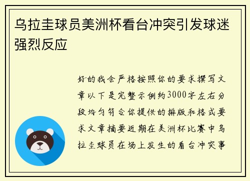 乌拉圭球员美洲杯看台冲突引发球迷强烈反应