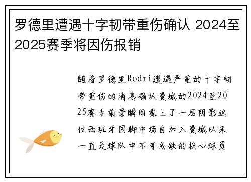罗德里遭遇十字韧带重伤确认 2024至2025赛季将因伤报销